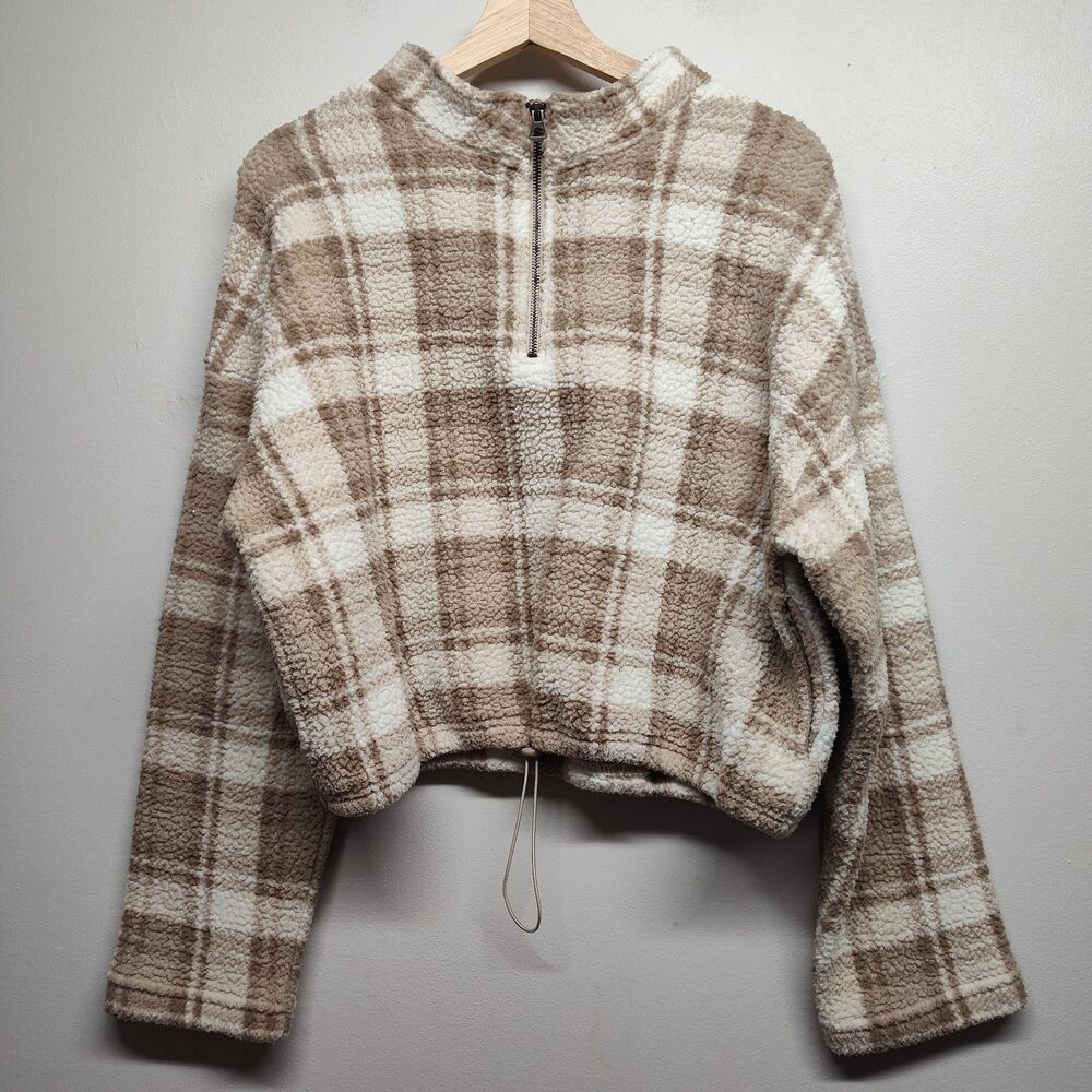 Love Tree Teddy Cropped Sweater Women Size L Tan Plaid Fall Winter Outdoor